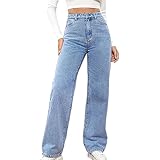 WUSENTOF Baggy Jeans Damen Straight Leg Weites Bein Jeanshosen High Waist Lang Stretch Jeans Oversize Bequeme Denimhose mit Knopfleiste Taschen Boyfriend Streetwear Jeanshose Passform für Wandern