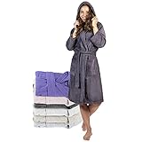 Bademantel Damen - 100% Baumwolle (350g/m²) OEKO-TEX® Zertifiziert - Morgenmantel Damen mit Kapuze, 2 Taschen, Gürtel - DarkGrau - L