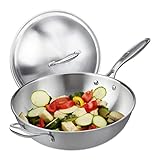 Relaxdays Wok, 32 cm, Edelstahl unbeschichtet, Gas-, Elektro-, Induktionsherd, Wokpfanne mit Deckel & Griff, silber 10038407, 23 x 60 x 32 cm