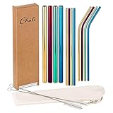 Chali® Edelstahl Strohhalme 12er Set (8x ø6mm, 4x ø12mm), bunte Trinkhalme wiederverwendbar 21,5cm lang spülmaschinengeeignet inkl. 2x Reinigungsbürsten