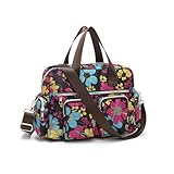 KONO leichte Damen Handtasche mit Blumenmuster, Wasserdichte Henkeltasche, Groß Umhängetasche für Frauen, Multifunktionale Schultertasche für Arbeit, Shopper, Reisen (Schwarz)