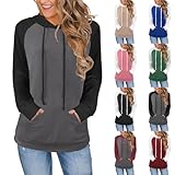 Damen-Kapuzenpullover, Farbblock, lässig, langärmelig, leicht, Patchwork, Kapuzenpullover, lockere Passform, Pullover mit Taschen, Weinrot