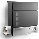 NewHabitat I Moderner Briefkasten Anthrazit mit Zeitungsfach - Wandbriefkasten personalisiert mit Edelstahl Namensschild und Hausnummer Gravur I Rostfrei und UV-beständig, inkl. Montagematerial