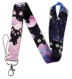 Pinstant Umhängeband für Ausweise, Handyanhänger, Motiv: schwarze Katzen, Kätzchen, Wolke, Himmel, Sternennacht, Vollmond, Halloween, große Augen, Hexe, Gothic, niedlich, Kawaii, Miau, Katze, 45 cm