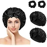 2 Stück Duschhaube Damen und 2 Stück Schwarz Seiden Scrunchie Set, Satin Haarhaube Schwarz Schlafhaube Seide Lockenhaube, Bonnet Seide zum Schlafen