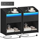 Hzuaneri Nachttisch, mit LED-Licht - Beistelltisch mit Ladestation, 1 Aufbewahrungsschublade Nachttisch für Schlafzimmer, Wohnzimmer, 2 USB-Anschlüsse, 2 Steckdosen, 2er Set, Schwarz NS09104X