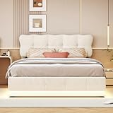 SUNFECILI Gepolstertes Bett 140 x 190 cm mit LED-Beleuchtung, Funktionsbett mit gepolstertem Kopfteil und Stauraum, Bett mit Bettkasten, Stauraumbett Jugendbett, Samt, Beige (140x190cm)