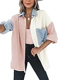 Dokotoo Bluse Damen Musselin Langarmshirt Baumwolle Lässig Oberteile Hemd Langarm Farbblock Shirts Einfarbig Tops Hemdjacke Rosa L