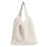 Augesak Strandtasche Damen, Häkeltasche Beach Bag, Gestrickte Umhängetasche Sommer, Strandtasche Netz für Urlaub Reisen Strand Sommer und Alltag (Beige)