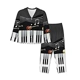 Nianyuer Langärmeliger Damen-Pyjama-Set, Nachtwäsche, weiches Gitarren-Piano-Muster, Damen-Pyjama, Loungewear mit Taschen, Schwarz , S