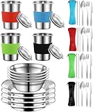 Camping Mess Kit, Edelstahl Camping Kochset beinhaltet Teller Schüssel Cup mit Dichtungsabdeckung Löffel Gabel Messer in Mesh Tasche für Backpacking, Camping, Wandern und Picknicks für 4 Person