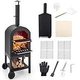 COSTWAY Pizzaofen Outdoor, holzbefeuerter Pizza Ofen mit eingebautem Thermometer, praktischem Griff, Rädern, wasserdichter Abdeckung & Ascheauffangschublade