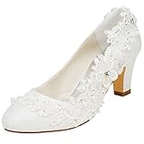 Emily Bridal Brautschuhe Frauen Seide wie Satin Stämmiger Absatz Absatzschuhe mit Stich Spitzen Blume Kristall Perle, Elfenbein, 38 EU (5 UK)