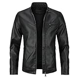 Sliktaa Herren Jacke aus Kunstleder mit Stehkragen Übergangsoberteil Lässig Motorrad Piloten Reißverschluss Casual Klassisch Lederjacke(Schwarz 5 XL)