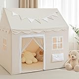 LIONHERZ® DAS ORIGINAL Spielhaus mit Briefkasten für Kinder | Indoor Spielzelt mit Matte & Wimpelkette | Kinderspielhaus mit 3 Fenstern & blickdichtem Türvorhang | Hauszelt Kinderzimmer (Cremeweiß)