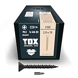 TOX Gipsfaserplattenschrauben FIBR 3,9 x 19 mm, Schrauben schwarz phosphatiert mit Senkkopf + HiLo-Gewinde für Metall- und Holz-Unterkonstruktionen, PH2, 1000 Stück, inkl. 1x Bit, 142643213919