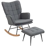 HOMCOM Schaukelstuhl Schwingsessel mit Hocker, Armlehnsessel, Relaxsessel mit Leinenoptik, Schaukelsessel bis 130 kg Belastbarkeit für Schlafzimmer, Wohnzimmer, Grau