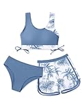 Mädchen 3-teiliger Badeanzug mit Shorts, Mädchen-Badeanzug, Bikini-Set, Strand, athletisch, Tankini-Set, Mädchen, zweiteiliges Badebekleidungs-Set, Größen 8, 9, 10-12, 12-14, 15, 16 Jahre, Blaue