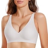 JOYTREE Glatter Bügelloser BH Damen Ohne Bügel mit tiefem V-Ausschnitt Soft Nahtloser BHS Seamless Tshirt Schlaf Bra Klassische Gepolstert Bustier Bequem Bralette Ohne Buegel weiß M