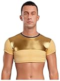 Jhaoyu Herren Kurzarm Crop Top Kurz Bauchfrei Unterhemden Metallic Mesh Patchwork Oberteil Rundhals Slim Fit Sport Gym Muskelshirt Gold S