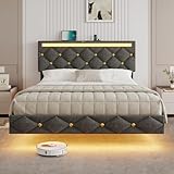 DICTAC Bett 140x200cm Schwebebett mit LED-Beleuchtung und Ladestation, Polsterbett 140x200 mit LED Kopfteil, Doppelbett mit Lattenrost, modern schwebender visueller Effekt, Leinen,Grau
