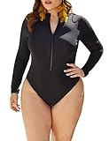 Damen-Badeanzug, langärmelig, einteilig, Rashguard, solider UV-Schutz, Reißverschluss, Surfanzug, Übergröße, Schwarz , XXL