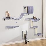 Katzen kletterwand Set mit Katzenbaum Hängematte,Katzenhöhle Wand,Katzenbrücke,Kratzbrett und Kratzbaum - 4-Teiliges Holz Katzenmöbel für Katzen Catwalk (Hellgrau)