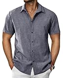 HMIYA Leinenhemd Herren Kurzarm Hemd Regular Fit Männe Business Freizeithemden mit Brusttasche Sommer Hemd Navyblau,XL