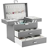 Dajasan Schmuckkästchen, Schmuckaufbewahrung, 4 Ebenen Schmuckschatulle mit 2 Schubladen, Groß Schmuckkasten für Ringe, Ohrringe, Halskette, Uhren, Armbänder (Grau)