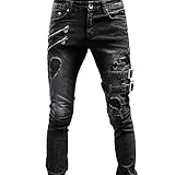 Generisch Herren Jeans Slim Fit Streetwear Stretch Denim Pants für Männer Classic Einfarbig Jeanshose Herren Skinny Jeans High Waist Herren Jeans mit Reißverschluss Patchwork Jeanshosen Herren