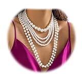 Lucktao 6 Stück Perlenkette Damen｜Perlenkette Lang｜Perlenketten｜1920s Gatsby Kostüm Accessoires Lange Perle Halskette｜Modische Imitation Weisse Perlen Kette｜Dame Weiße elegante künstliche Perlen