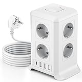 Mehrfachsteckdose mit 4USB, 8 Fach Steckdosenleiste Steckerleiste mit USB, Mehrfachstecker Überspannungsschutz, 2M Verlängerungskabel Steckdosenturm für Zuhause,Büro