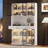Aunvla Glasschrank Tür 200cm hoch Weißer Vitrinenschrank mit LED Lichtern, Multi Storage Bücherregal für Sammlung Schlafzimmer Wohnzimmer Büro, Weiß - Schwarzer Türrahmen