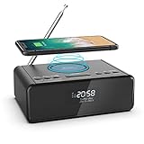 REACHER Digitaler DAB & FM Radiowecker mit kabelloser Aufladung - Anpassbare Doppelalarme, USB-Anschluss, Dimmer, 3 Wecktöne, Einstellbare Lautstärke, Snooze, 12/24H, Sleep-Timer für Schlafzimmer