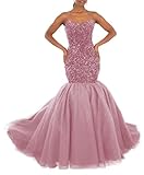 Damen Meerjungfrau Pailletten Ballkleider Schulterfrei Glitzerndes Partykleid Langer Tüll Rückenfrei Formelle Abendballkleider Dusty Rose M