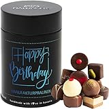 Hallingers Happy Birthday - Manufaktur Pralinen Geschenk handmade ohne Alkohol aus Edelkakao Schokolade (Dose) - Geschenk im Sommer & als perfektes Grillgeschenk | Geburtstag Glückwunsch Danke Glückwü