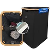 kutunu® - Wäschesammler mit Deckel 140L -schwarz- Wäschekorb mit 2 Wäschesäcken zur Wäschetrennung - Laundry Baskets - Wäschebox Wäschekorb Holz Wäschetonne Wäschesortierer Wäschekorb schmal