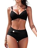 FemiChic Bikini Set Damen mit Push Up Padeds Oberteil Abnehmbaren High Waist Hose Elastische Bademode mit V Ausschnitt Rückenverschluss Dekorativen Metall(Schwarz,XXL)