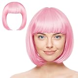 AOMIG Kurze Bob Perücke, Wig mit 2 x Haarnetz, Bunte Neon-Bob-Perücke, Perücken Haarteile Cosplay für Karneval/Fasching & Motto Party, Halloween Dekorationen (Rosa/B)