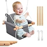 Babyschaukel, Kinderschaukel Babysitz Set Indoor aus Holz, Holzschaukel mit Grau Sitzkissen aus Baumwolle und Anschnallgurt, Tragfähigkeit 25kg, für Babys und Kinder ab 6 Monate bis 5 Jahre
