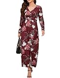 Elegantes Curvy Maxikleider Damen Lang mit Taschen Blumenkleid V-Ausschnitt Boho Kleid mit Empire-Taille Langarm A-Linie Freizeitkleid Festliche Kleider Partykleid Jerseykleider(Dunkelrot,L)