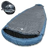 your GEAR Campingschlafsack Calima XXL -10°C, extrem breiter Ellipsen-Schlafsack 230x110cm mit Kapuze, wasserdicht, Outdoor, sehr warm, vielseitig - Blau Grau