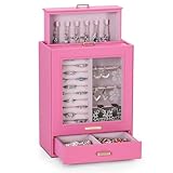 Seelux Schmuckkästchen, Schmuckschatulle mit 3 Schubladen, Schmuckkasten mit Glasfenster, für Halsketten, Ringe, Armbänder, Ohrringe (Rosa + Gold)