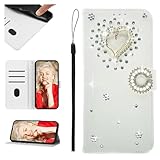 SEHEYA Hülle kompatibel mit Samsung Galaxy S6 Klapphülle Weiß PU Leder Glitzer Liebe Herz Diamant Strass Bling Handyhülle Magnet Verschluss Tasche Schutzhülle Kartenhalter Etui