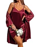 Ekouaer Damen Satin Morgenmantel mit Sexy Nachthemd Zweiteiliger Negligee Set Valentinstag Hausanzug Rot XL