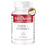 Fair & Pure Eisen + Vitamin C aus Acerola, 180 Stück, 40mg Eisen + 40mg Vitamin C pro Tablette, schluckfreundlich, veganes Nahrungsergänzungsmittel ohne Zusätze, in Deutschland hergestellt