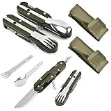2 Stück Outdoor Bundeswehr Besteck Edelstahl Campingbesteck Essbesteck, 5 in 1 Folding Cutlery Camping Set, Besteckset mit Abnehmbarer Gabel,Löffel,Messer,Flaschenöffner und Oxford Tasche für Camping
