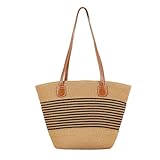 Faletony Stroh Strandtasche Flechttasche Damen Schultertasche Strohtasche Groß Umhängetasche Sommer Shopper Handtasche Korbtasche für Strand Reise Einkauf (Schwarze Streifen)