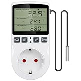 Greluma 1 Stück AC 230V Digitaler Temperaturregler-Steckdose mit Sensorsonde, Heizungs-Kühl-Thermostat-Steckdose mit Timer, LED-Display-Thermostatschalter für Gewächshaus, Aquarium