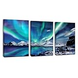 MHARTK66 Bilder Aurora Borealis Norwegen, Nordlicht Grün Blau Sternenhimmel Natur Panorama Leinwandbilder, Polarlicht Wandbilder Wohnzimmer Schlafzimmer Küche Esszimmer und Badezimmer